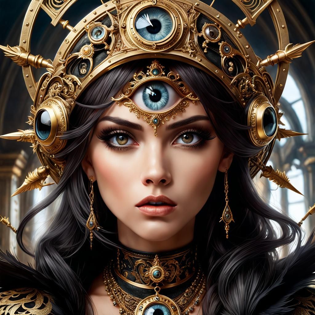 Ornate Clock with Human Eye, Detailed Fantasy Art