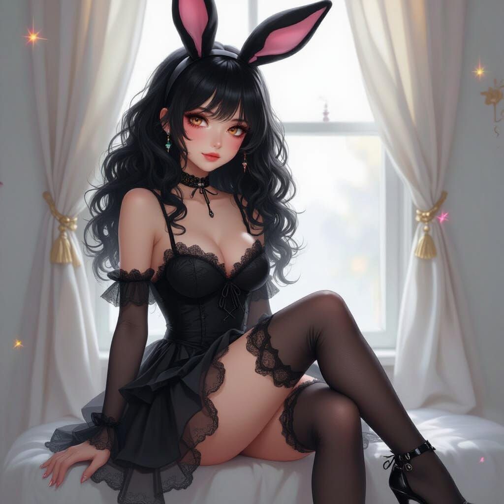Cute Girl with Split Hair and Bunny Ears in Fantasy Anime St...