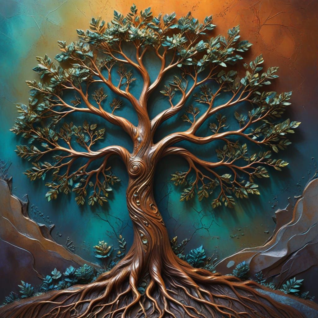 Gnarled Copper World Tree in Embossed Relief