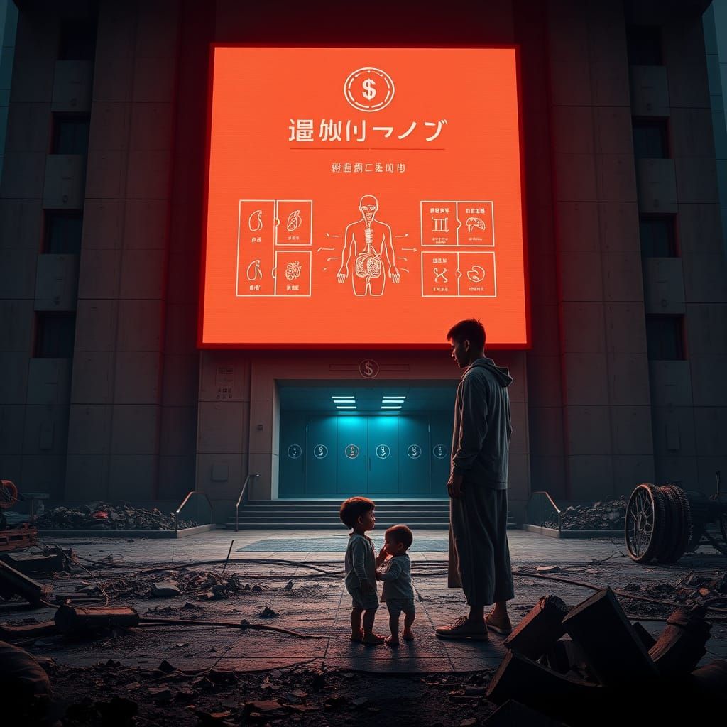 Dystopian Organ Market Display on Brutalist Building