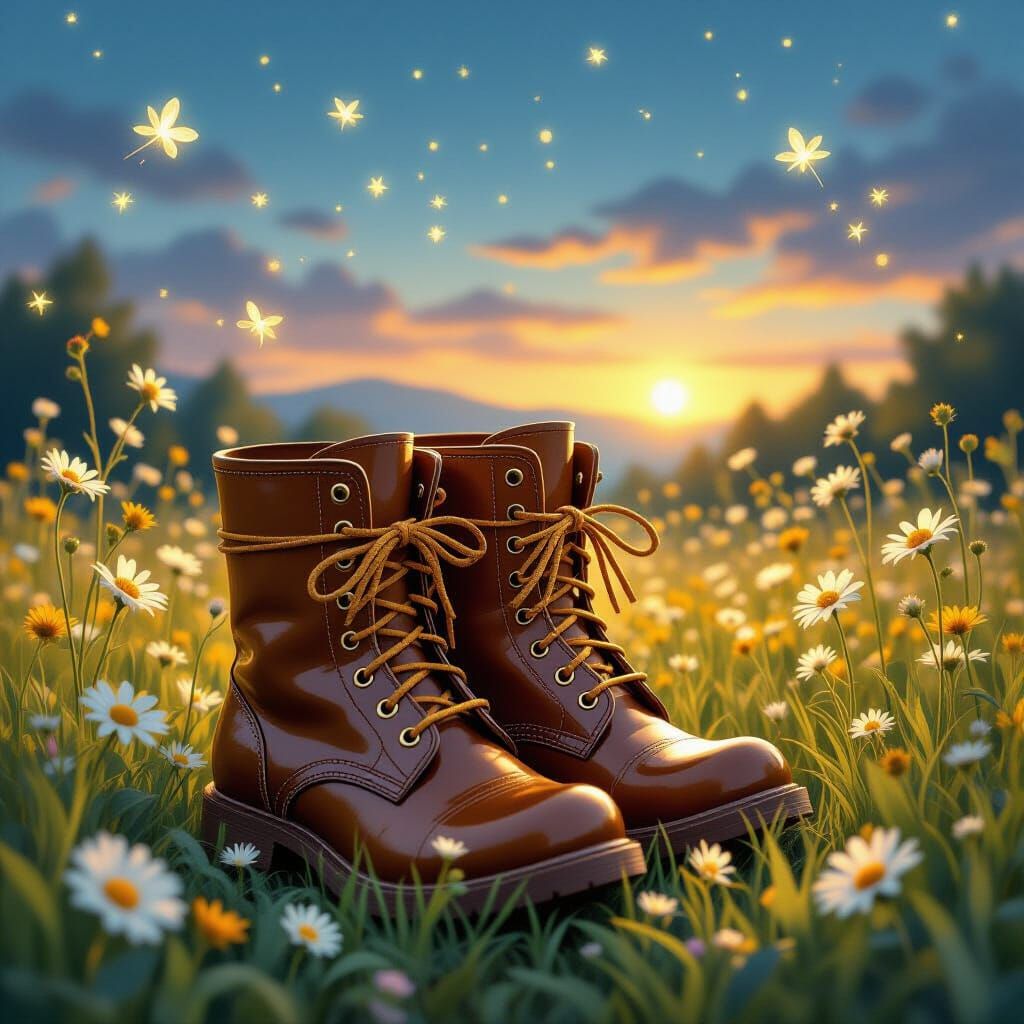 Whimsical Wooden Boots in Wildflower Field with Fireflies