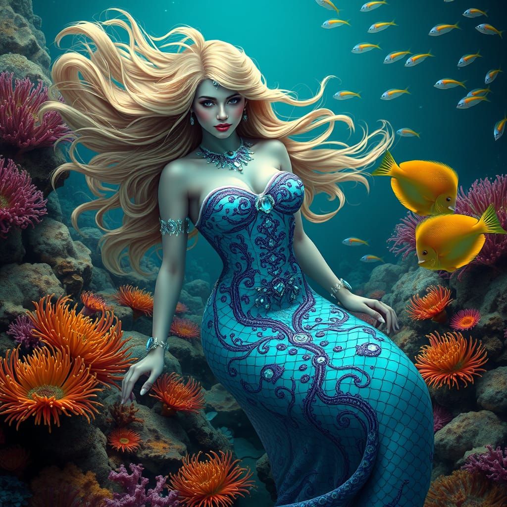 Mermaid Goddess in Vibrant Coral Reef