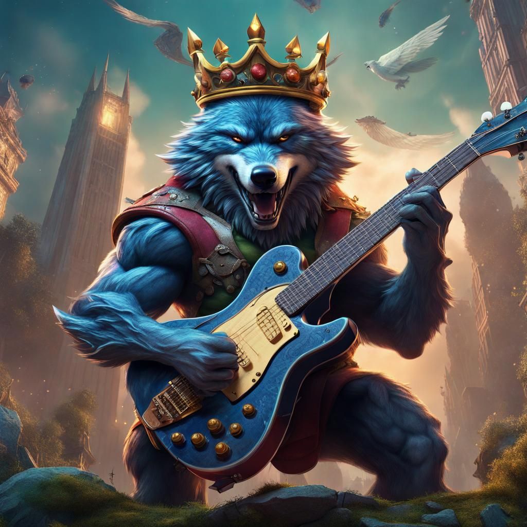 Flying Wolf King Plays Guitar: Fantasy Art