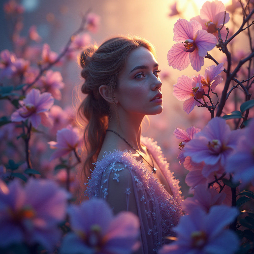 Woman in Abstract Floral Arrangement, Matte Painting