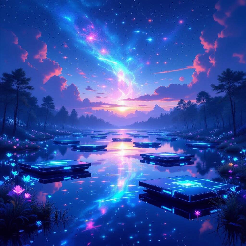 Mystical Fen with Bioluminescent Flora Under Cosmic Sky