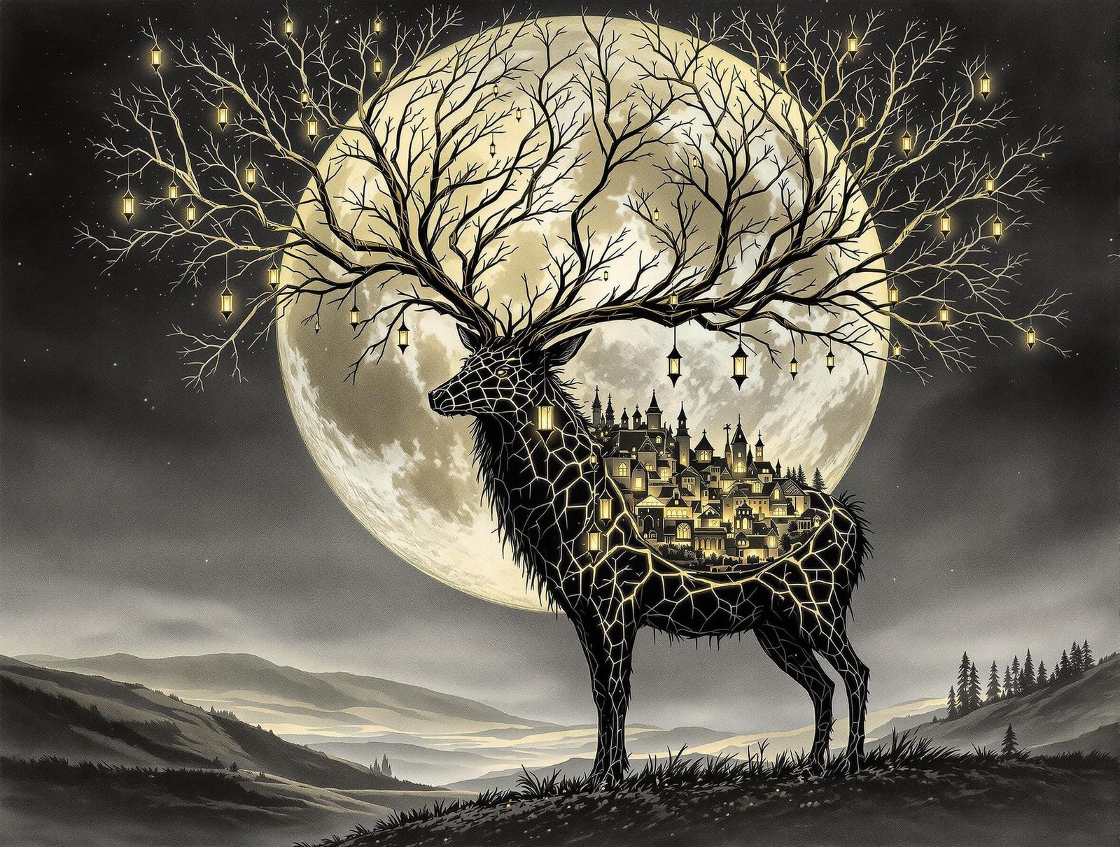 Wounded Guardian Spirit in Moonlit Landscape