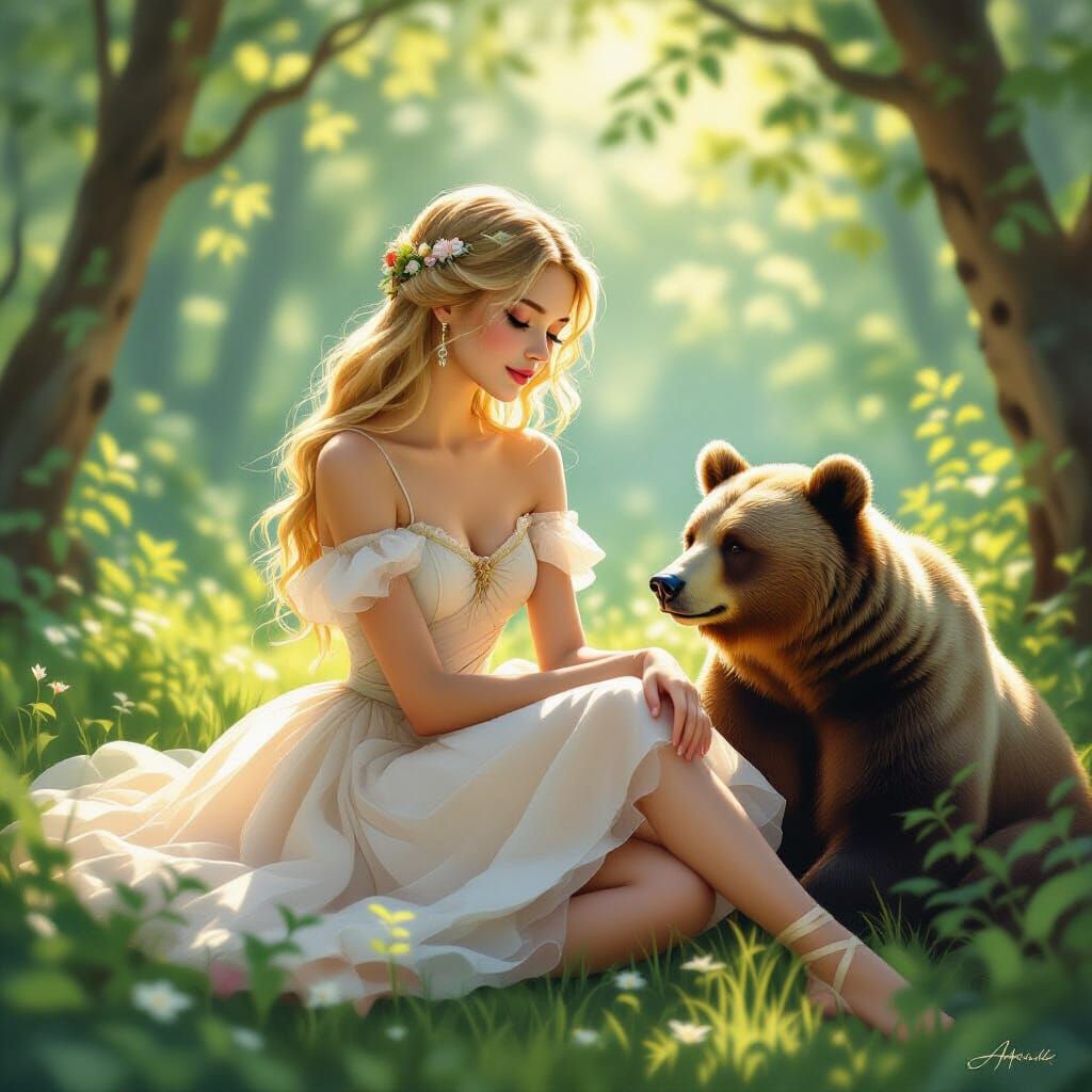Ballet Dancer and Bear in Sunlit Glade, Art Nouveau Style