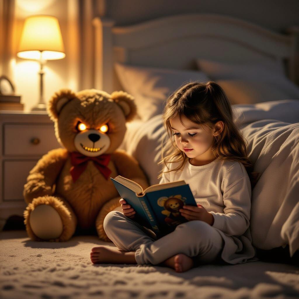 Innocent Girl Unaware of Sinister Teddy Bear's Gaze