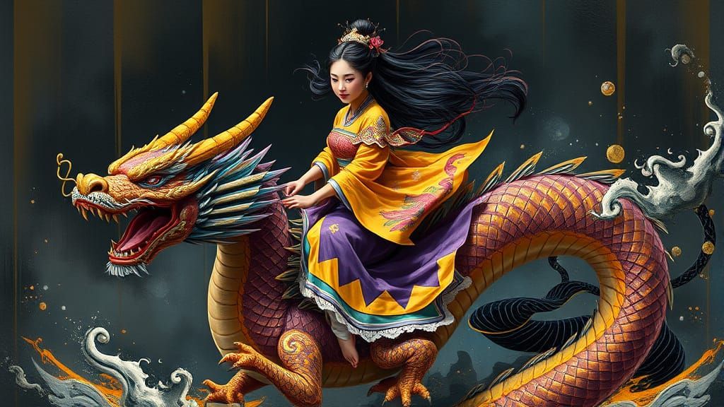 Oil on canvas: young Asian woman astride a dragon, glass-like elements, Alberto-Seveso influence, sharp focus, dramatic ...