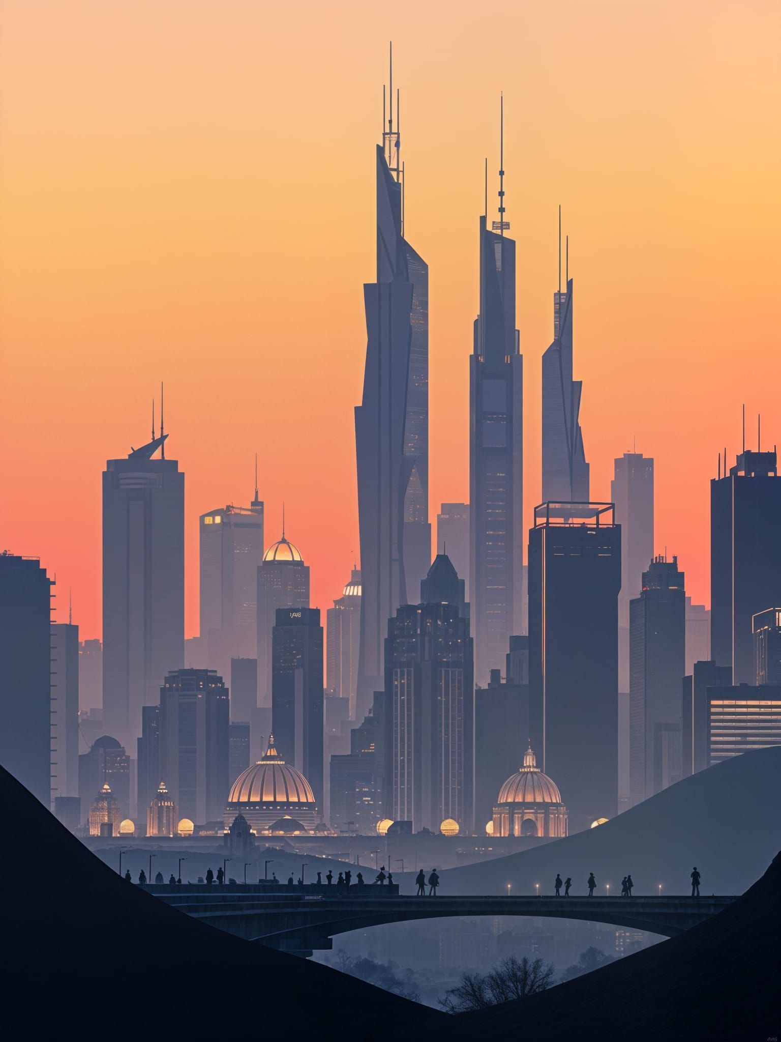 Futuristic Metropolis Skyline at Dusk Silhouette