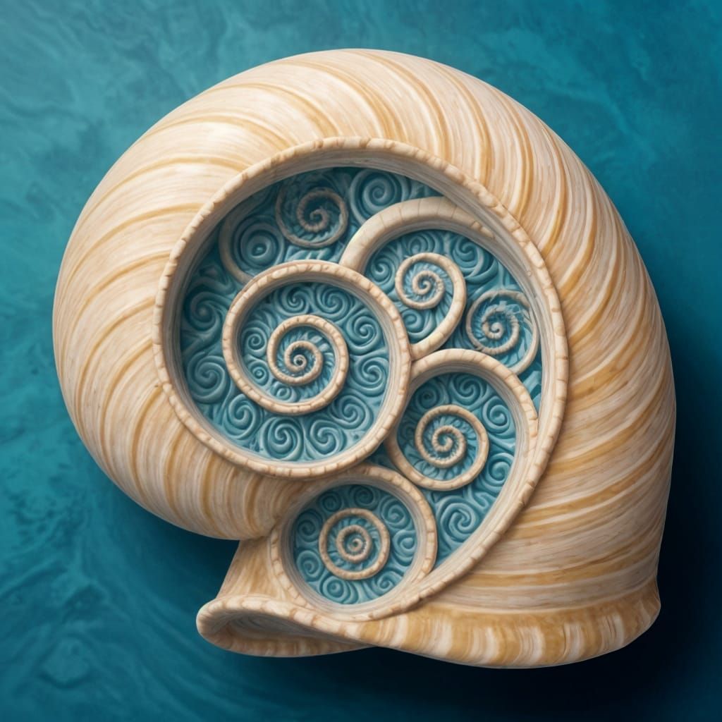 Ethereal Seashell with Vibrant 3D Spirals in Cream and Ocean...