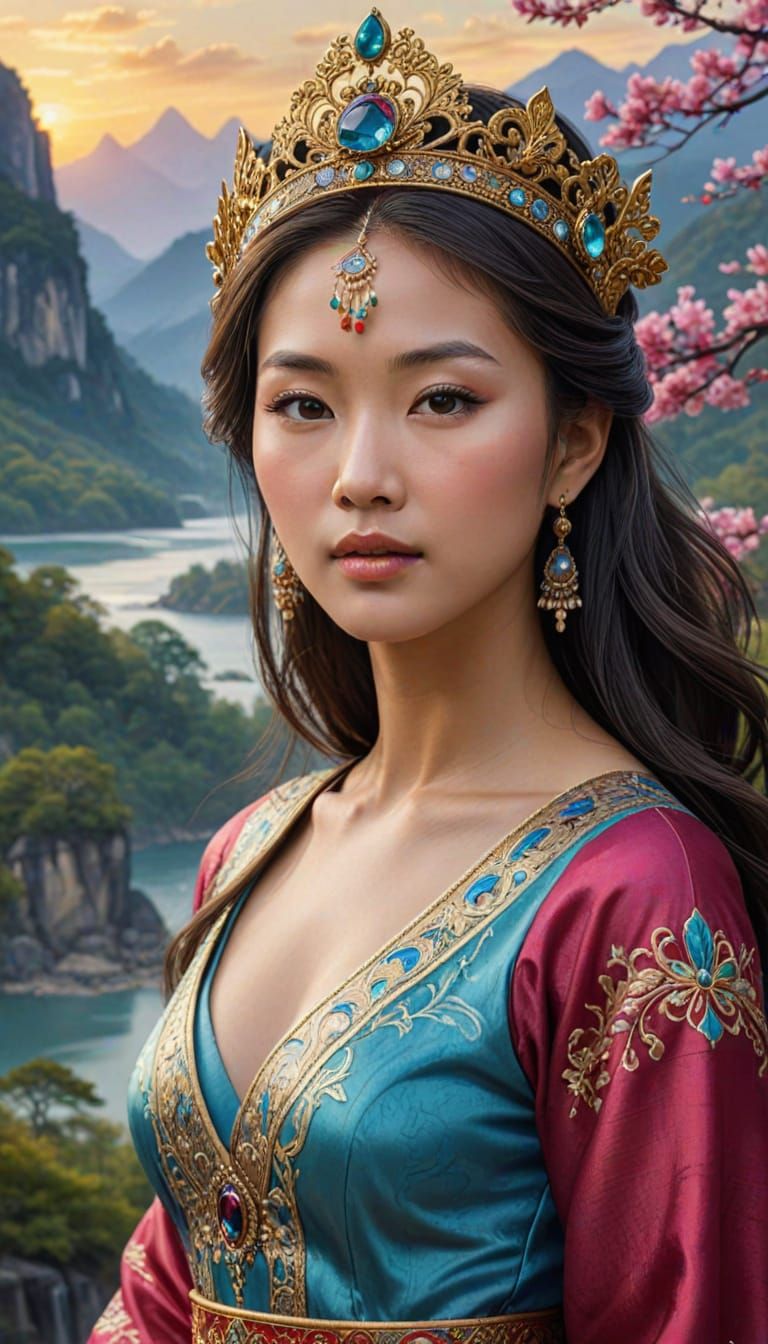 Asian Princess in Regal Elegance, Cyberpunk Digital Art