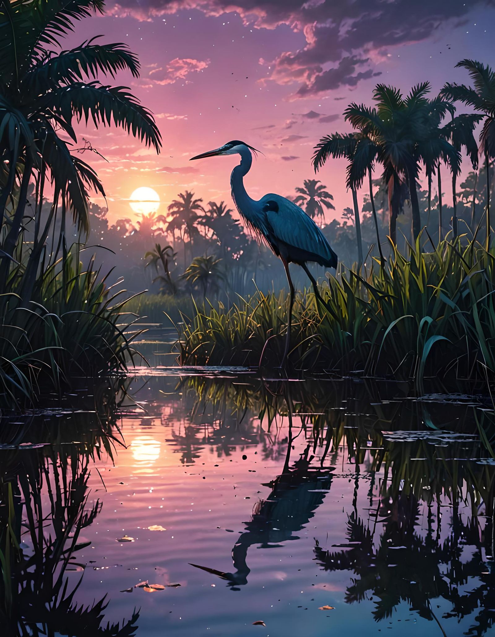 Heron Silhouette in Vaporwave Everglades Scene
