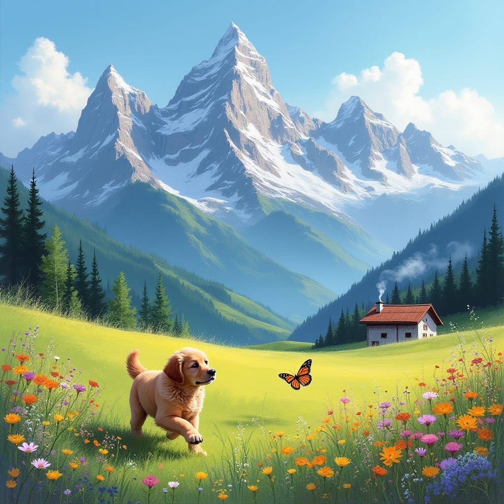 Majestic Swiss Alps with Puppy and Butterfly in Watercolor S...
