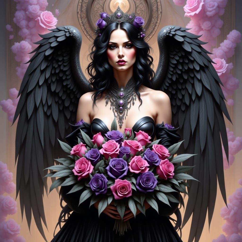 Gothic Angel in Elegant Mourning Attire with a Bouquet of Da...