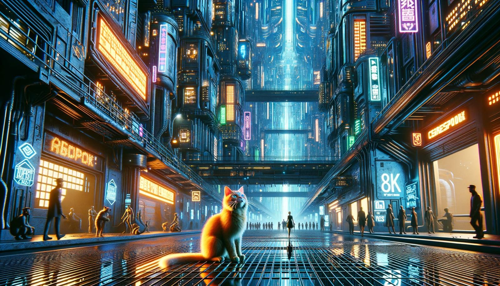 Cat in Cyberpunk Cityscape: Detailed Concept Art