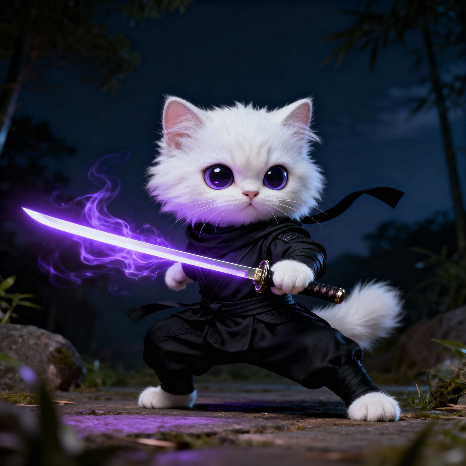 Fluffy Kitten Ninja Wields Glowing Katana at Night