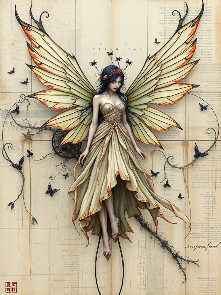 Elegant Winged Fairy in Mixed Media Art