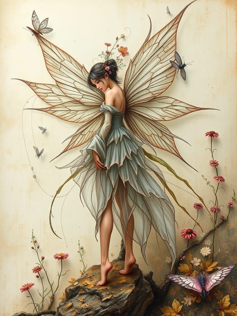 Elegant Winged Fairy in Mixed Media Style