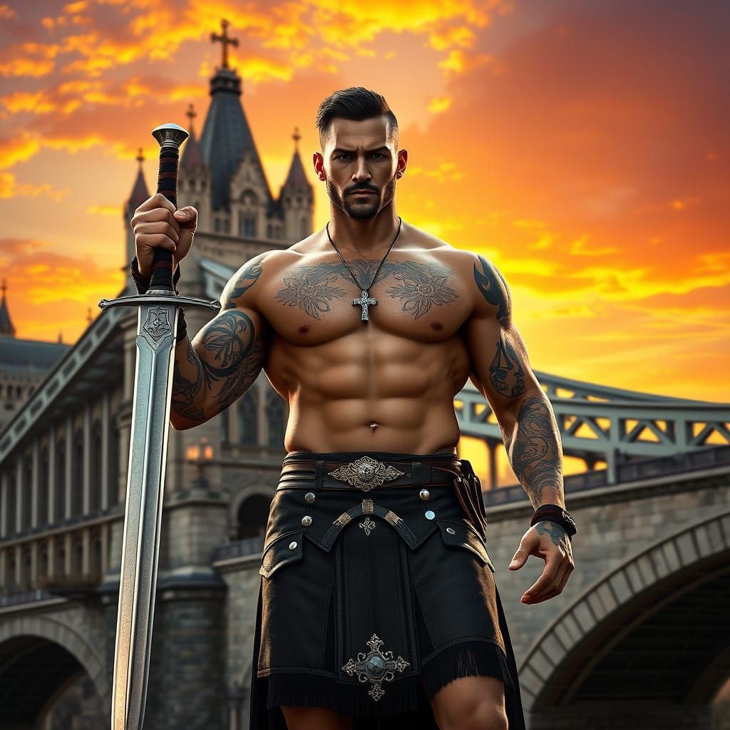 Tattooed Warrior Stands Against Historic European Bridge at....