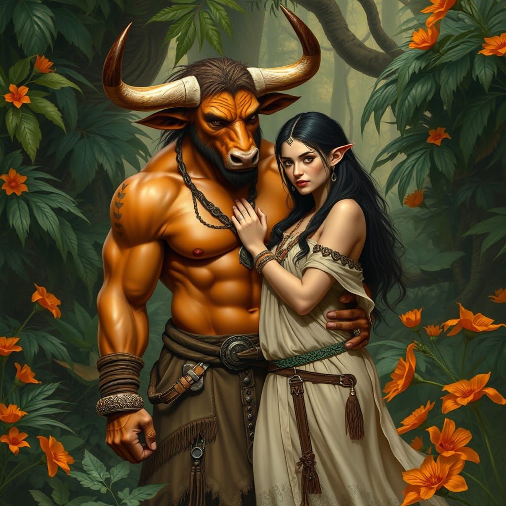 Bull Man and Elf Woman Embrace in Jungle