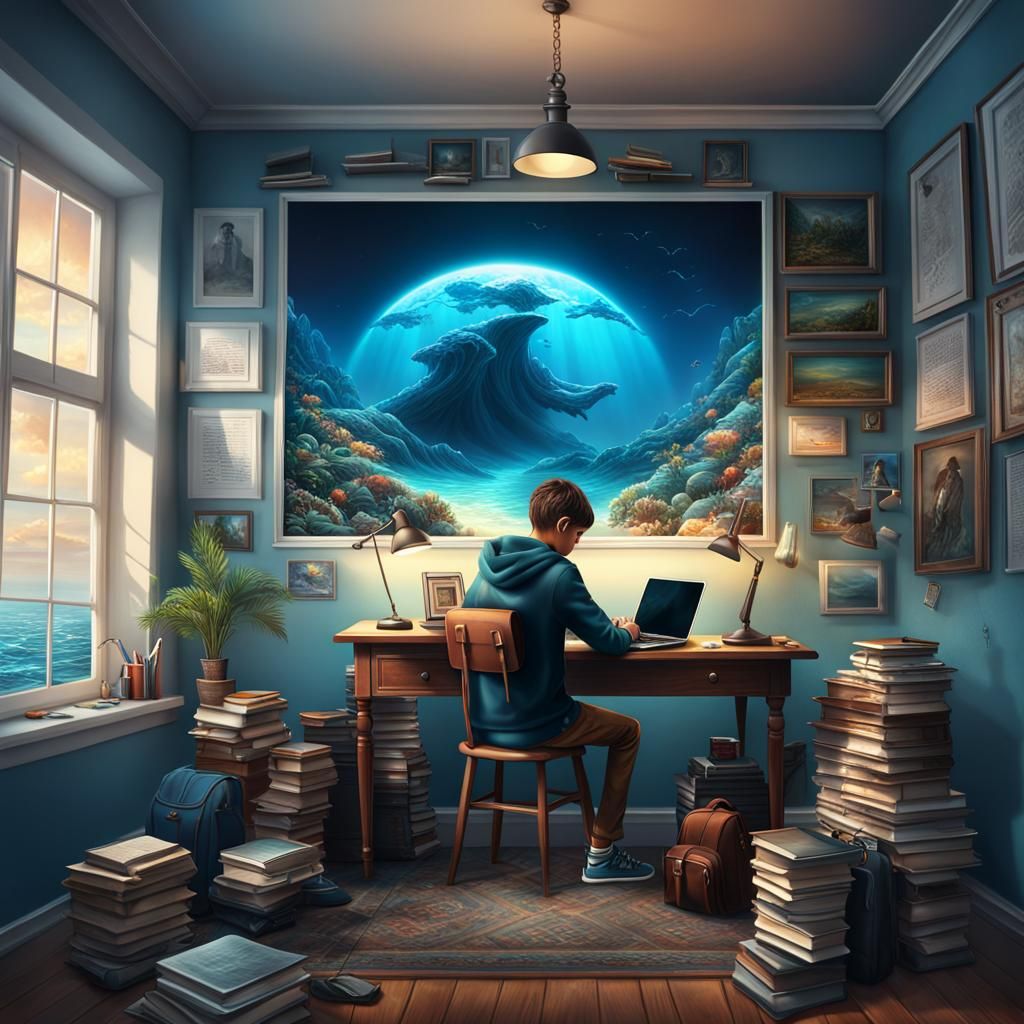 Boy at Study Table with Sea Portrait