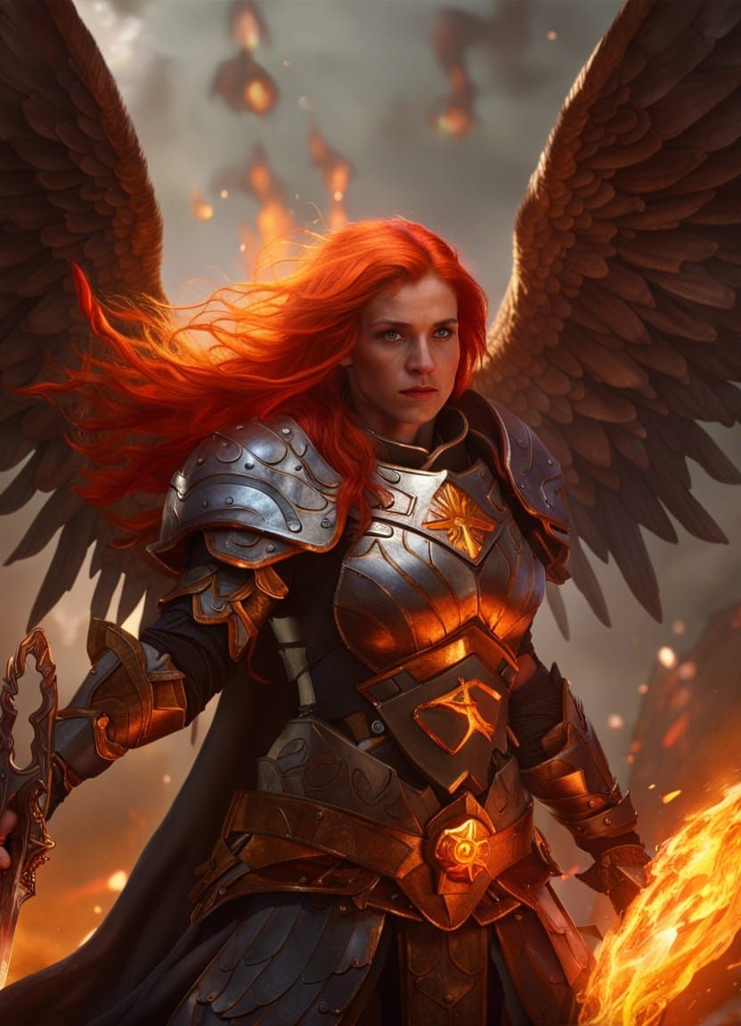 Fiery Female Cleric with Sword and Shield