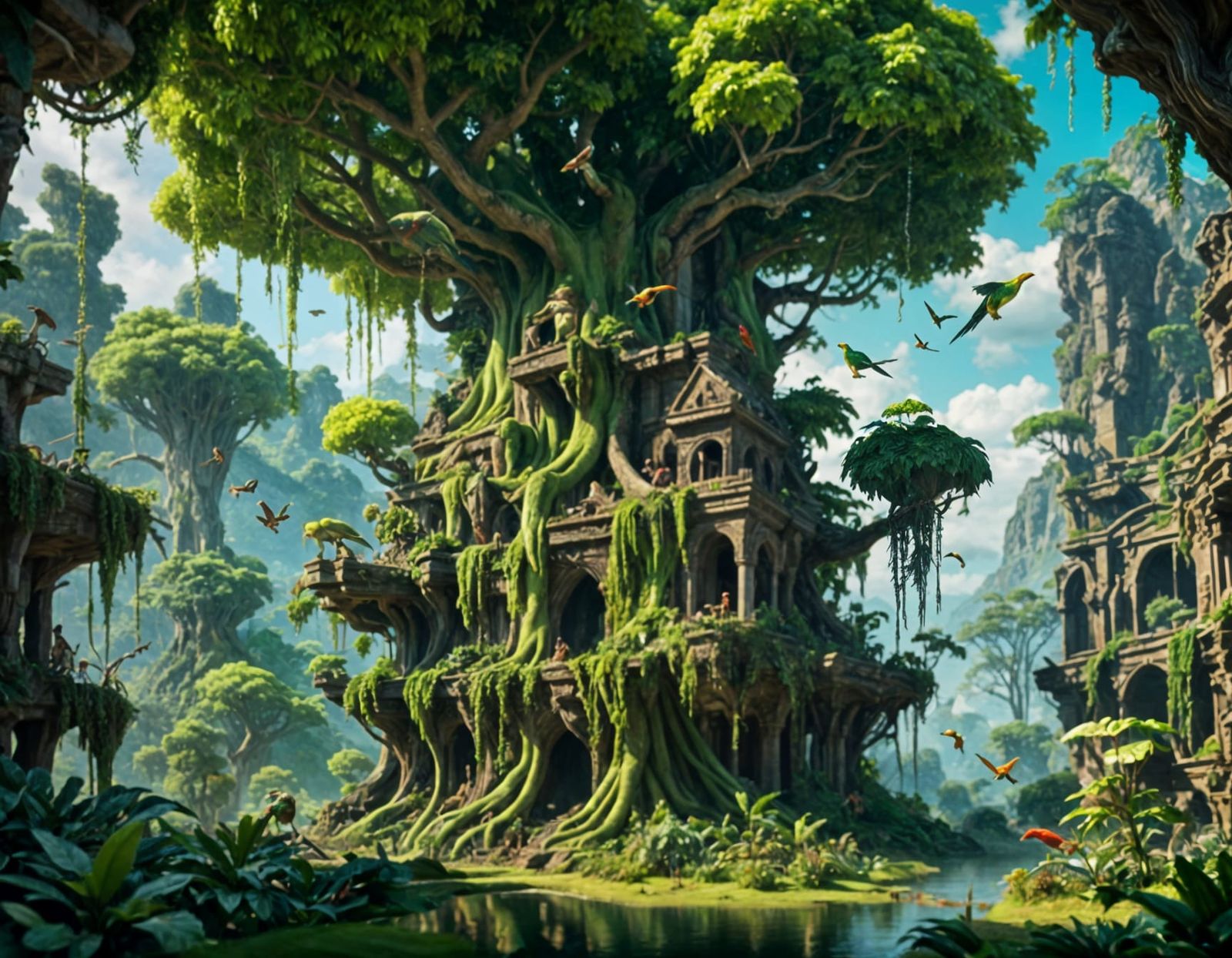 ancient jungle ruins with red birds