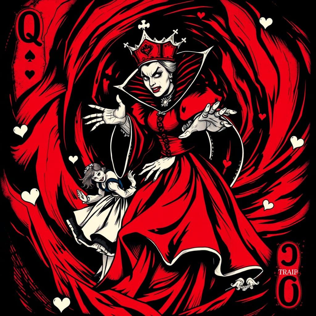 Angry Queen of Hearts Reaching for Alice in Dark Fantasy Sty...