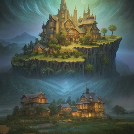 3d Textured Village Cinematic fantasy landscape nebula abstr...