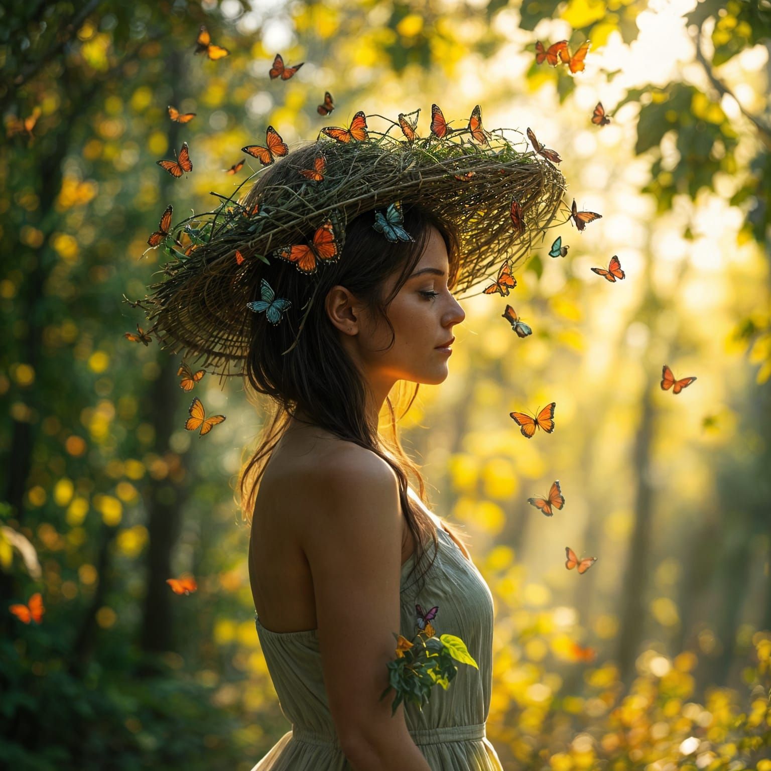 Woman in Sun-Dappled Forest Clearing with Leaf Hat