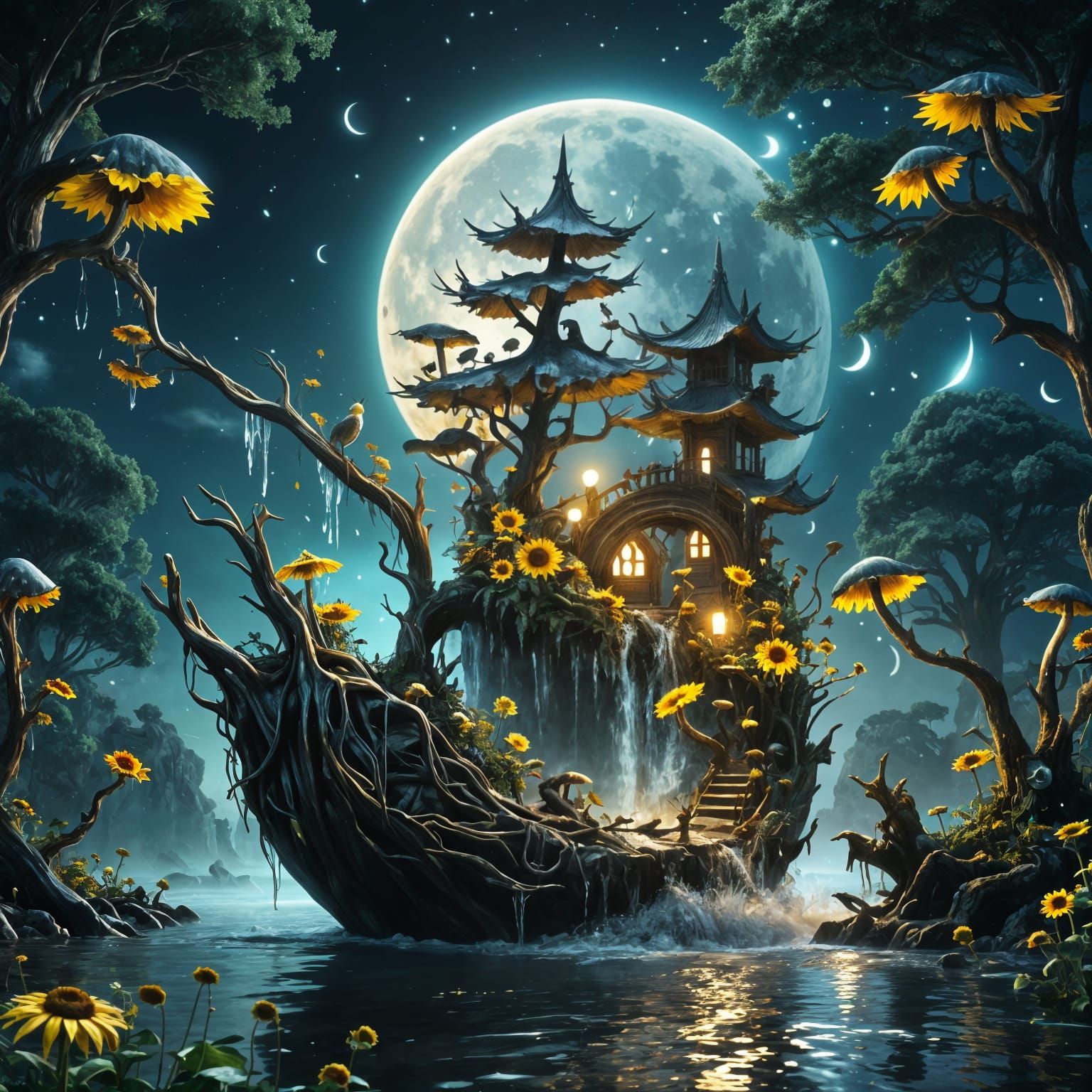 Glowing Moon Composed of Mythical Creatures and Sunflowers