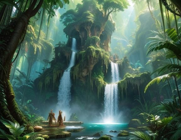 Majestic Jungle Waterfall in Digital Art Style