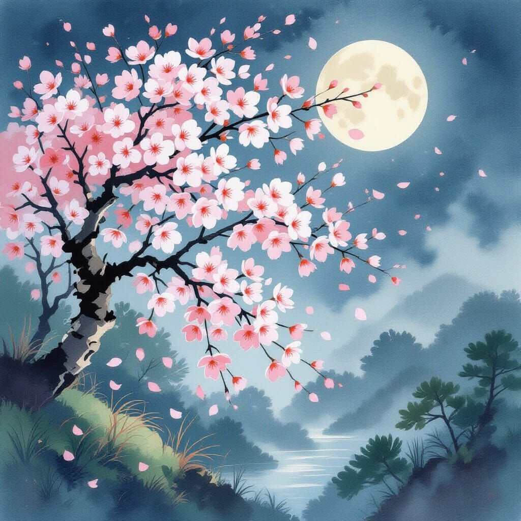 Moonlit Cherry Blossoms in Ukiyo-e Style