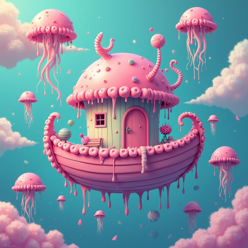 Candy Houseboat in Clouds with Jellyfish, Digital Illustrati...