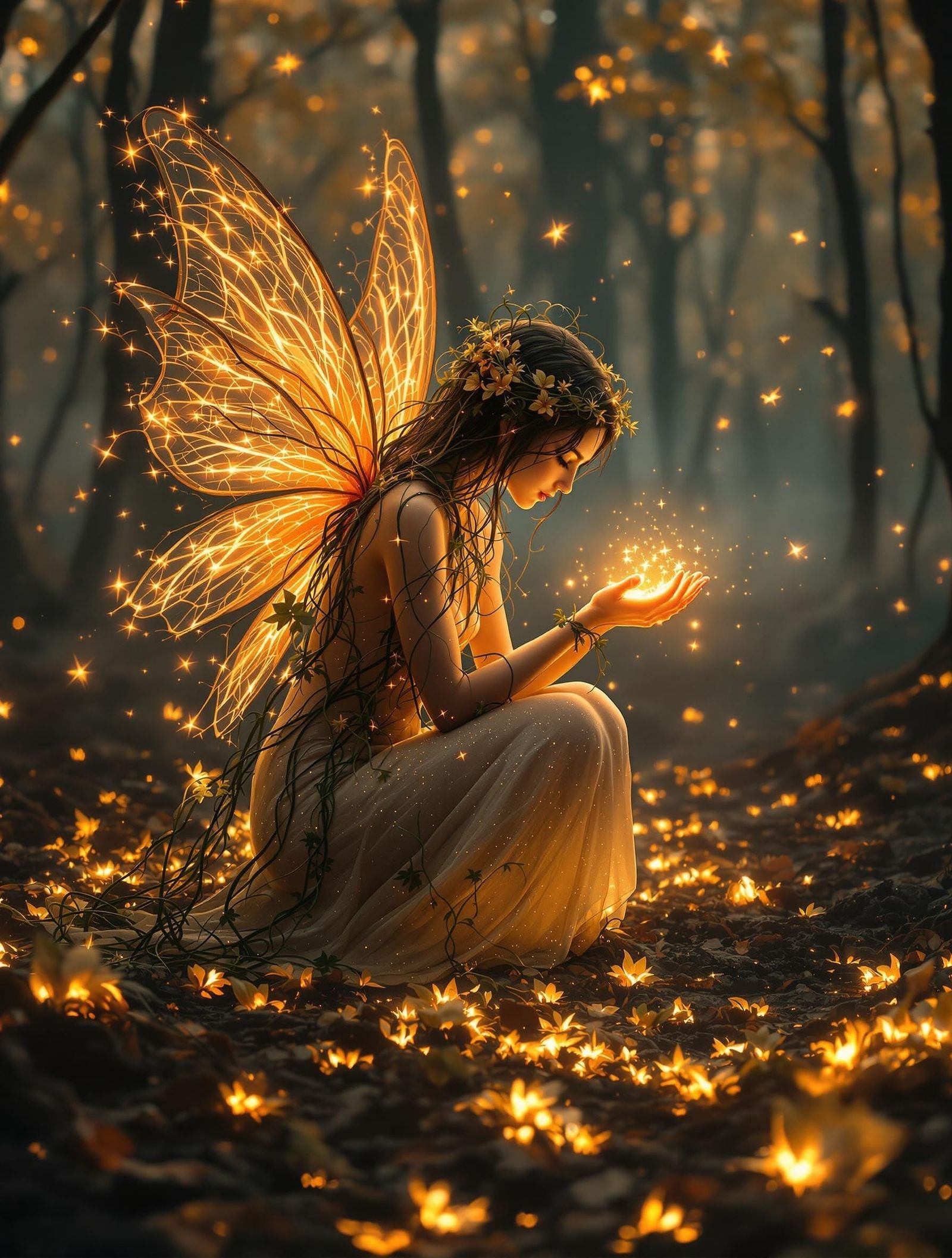 Fairy in Radiant Vines, Transmuting Devastation into Renewal