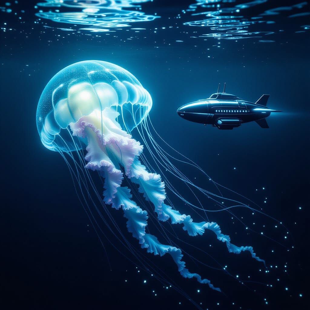 Bioluminescent Jellyfish in Alien Ocean as Matte Painting