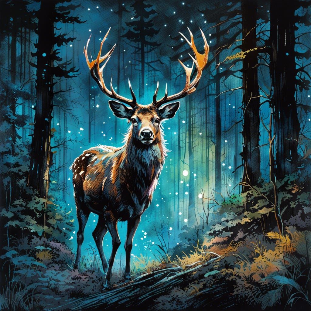 Deer in Moonlit Forest: Detailed Ink Drawing