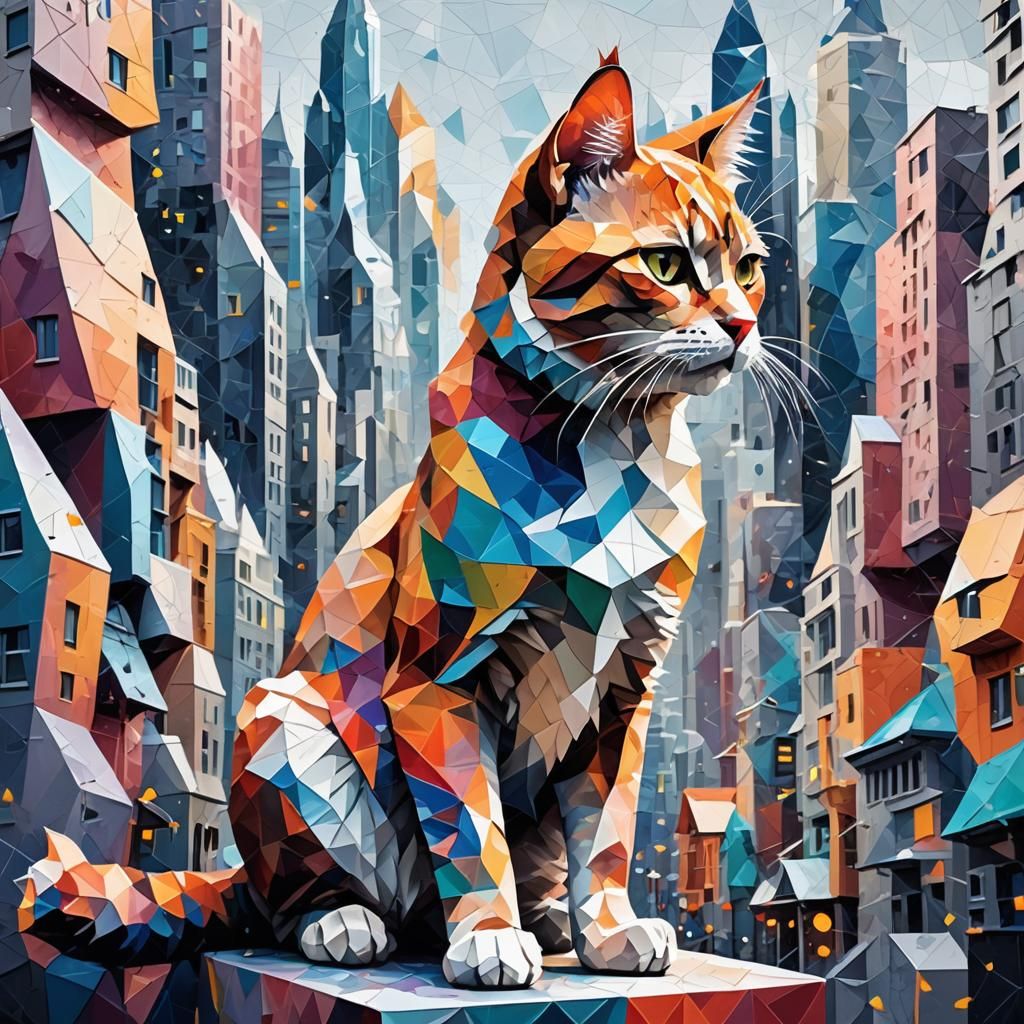 Geometric Fantasy Cat in Polygon Cityscape