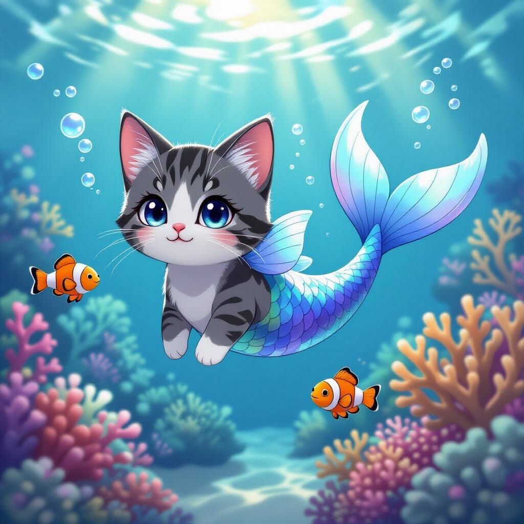 Tabby Cat Mermaid in Coral Garden, Digital Art