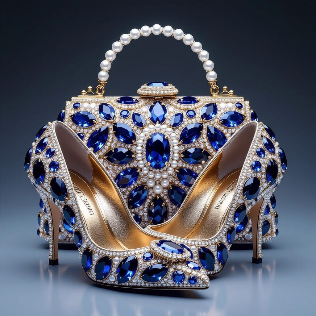 Opulent Shoe and Bag Set with Gemstone Encrustations