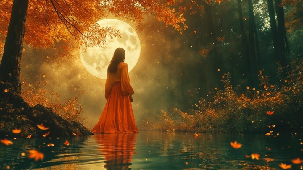 Woman in Orange Dress in Moonlit Autumn Garden