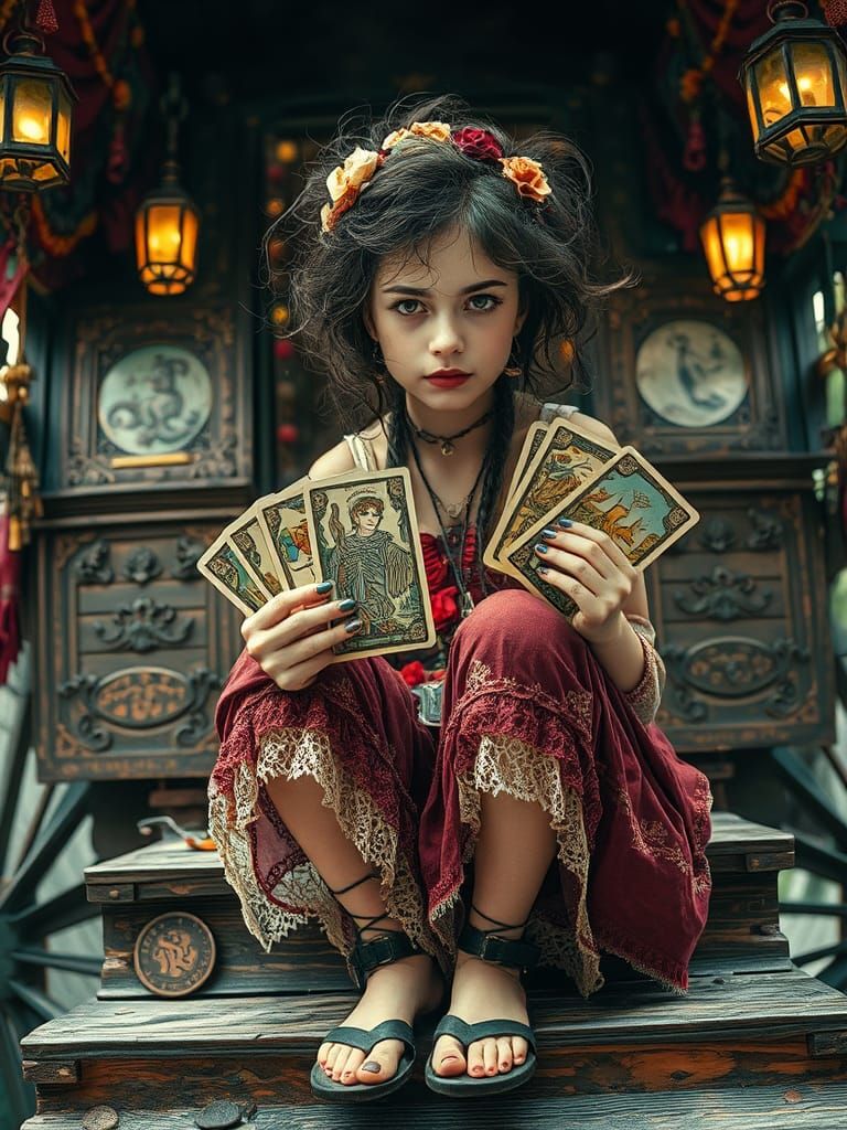 Boho Gypsy Girl with Tarot Cards in Fantasy Art