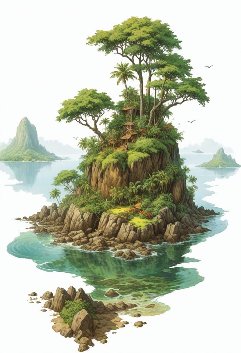 Uninhabited Tropical Island Illustration in Fantasy Style