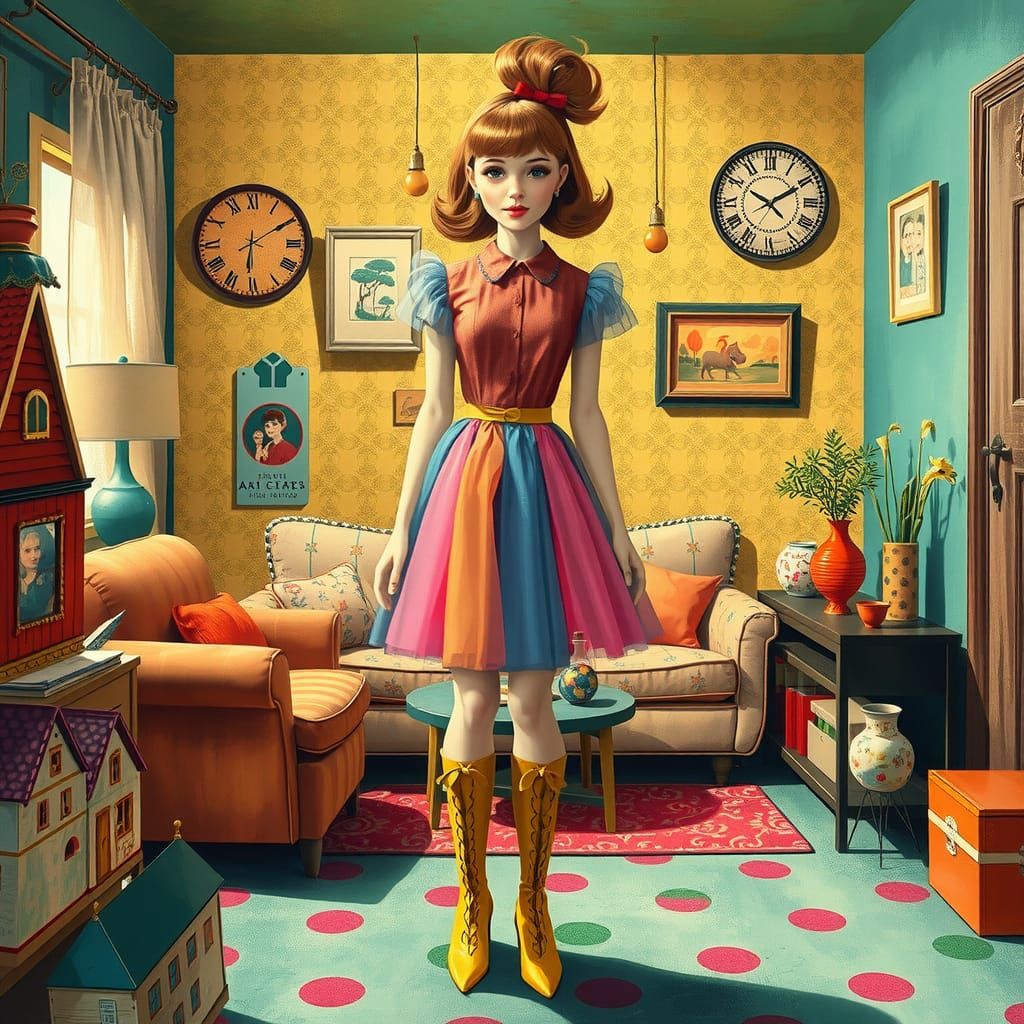 Mod Woman in Sixties Living Room, Whimsical Portrait