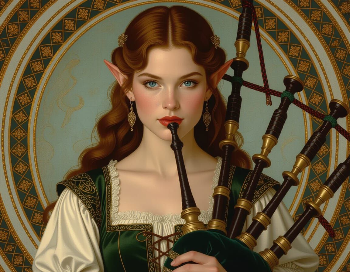Renaissance Elf Woman Plays Bagpipe in Michelangelo Style