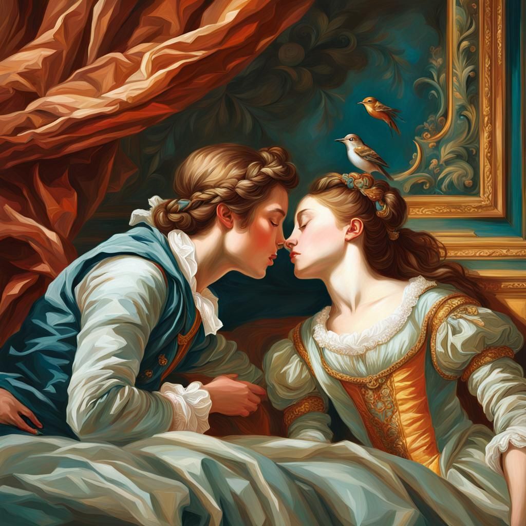 Romeo and Juliet Kiss in Opulent Illustration