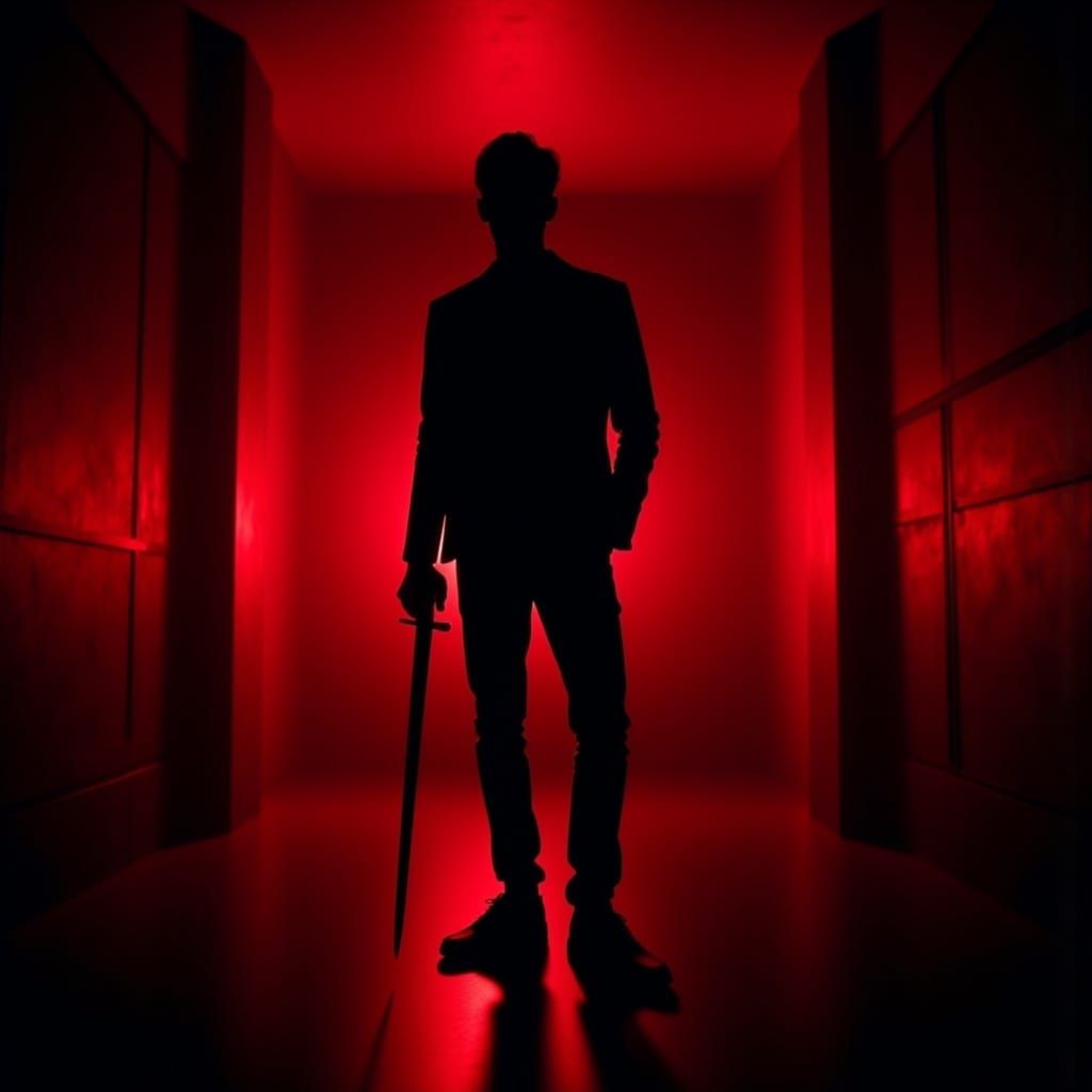 Silhouette of Swordsman in Red Lit Dark Room
