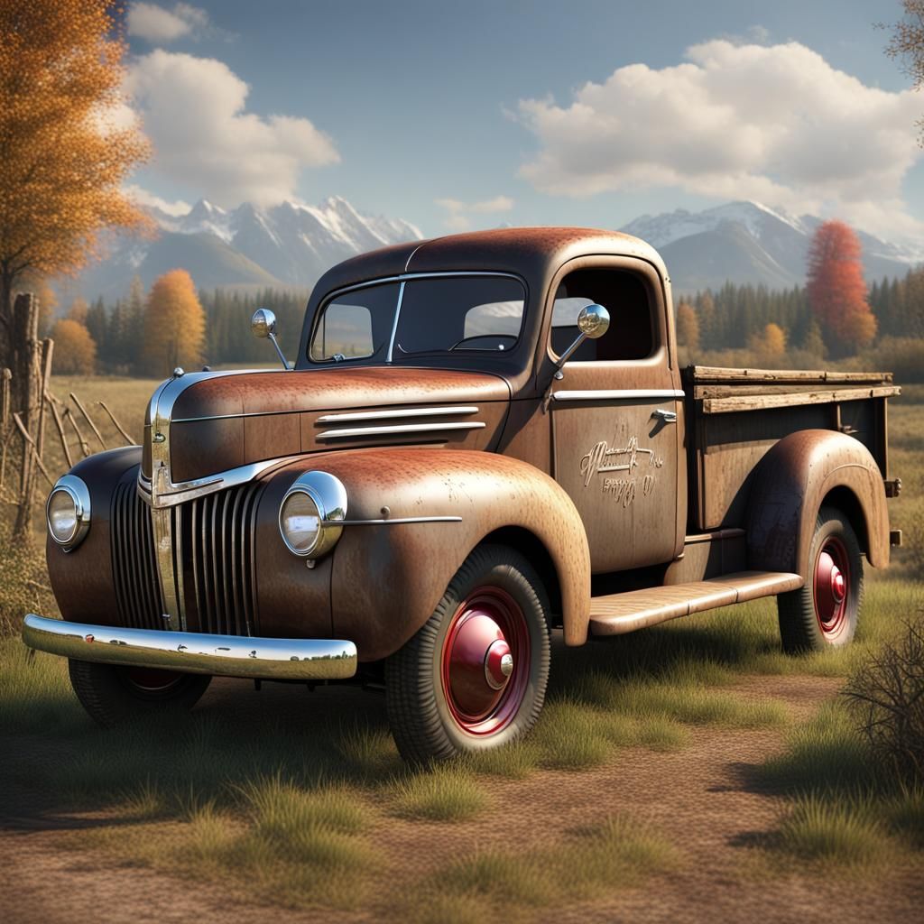 1940s Ford Truck in Rural Landscape as Gouache Painting