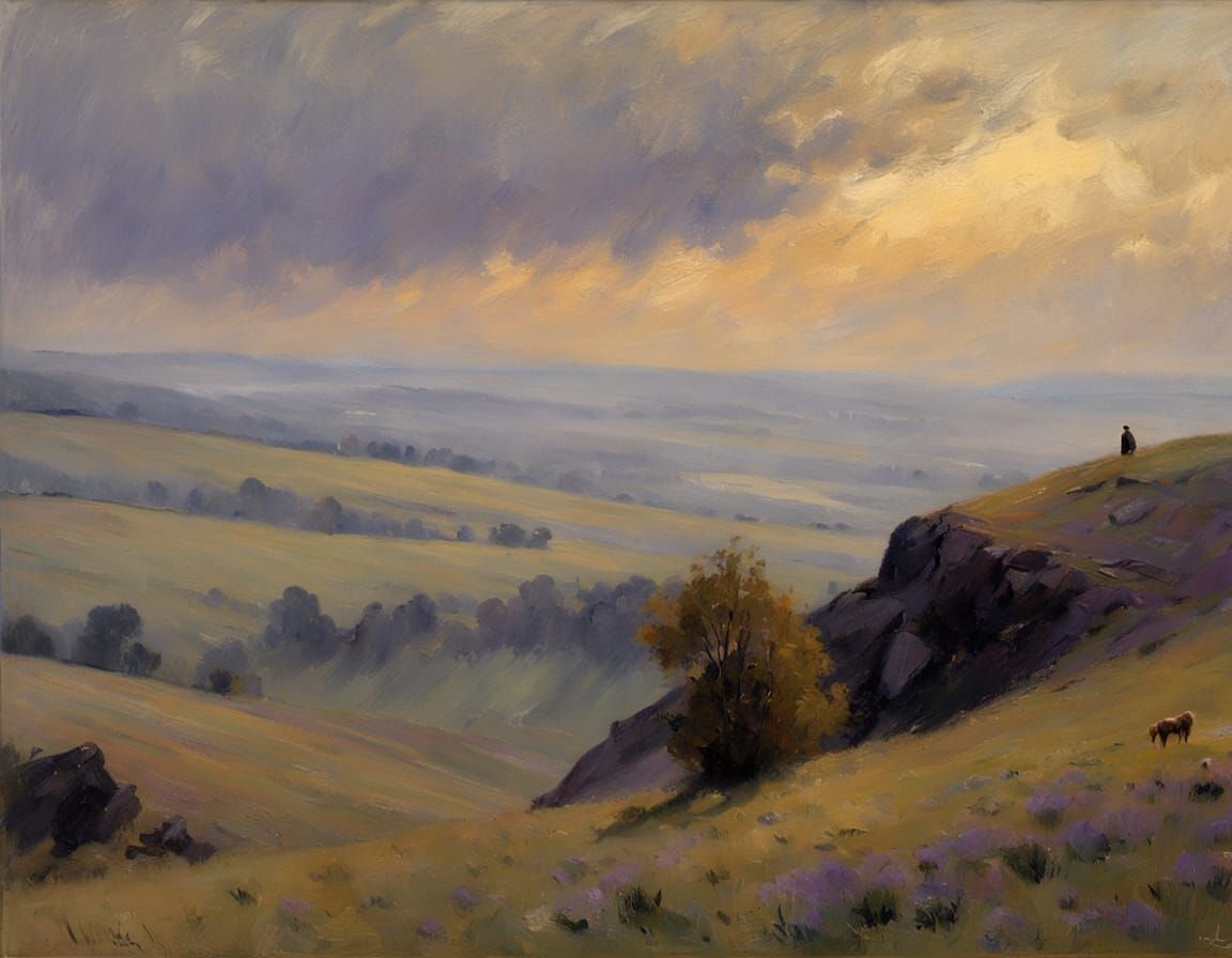 Shepherd on Windswept Hill in Impressionist Style